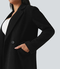 Notched Collar Long Sleeve Longline Fleece Casual Coat with Pockets