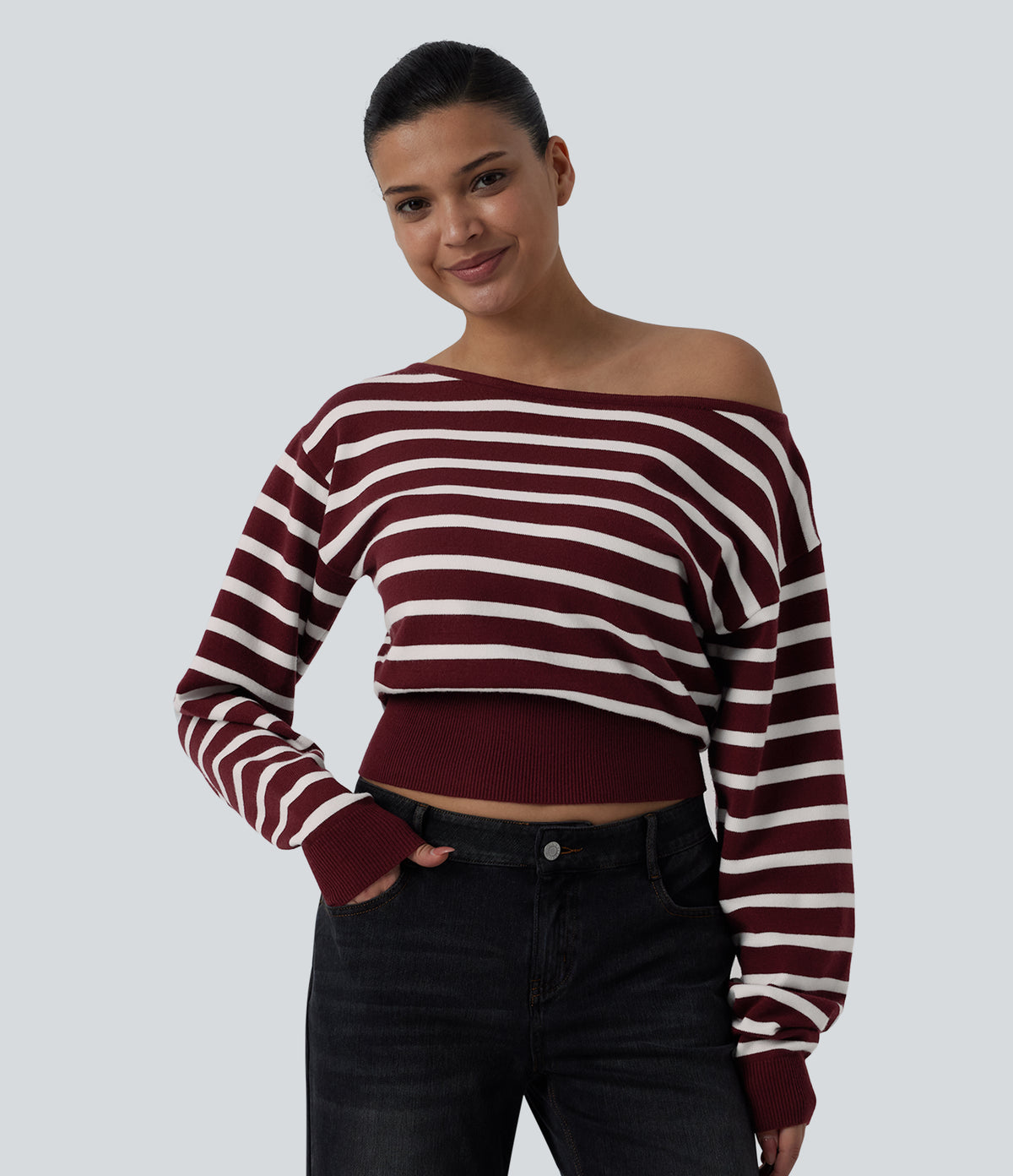 One-shoulder Long Sleeve Stripes Casual Sweater