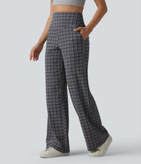 High Waisted Tummy Control Plaid Crinkle Quick Dry Casual Wide Leg Pants with Pockets