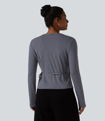 Ribbed Knit Stripes Deep V-Neck Long Sleeve Wrapped Tie-side Casual Top
