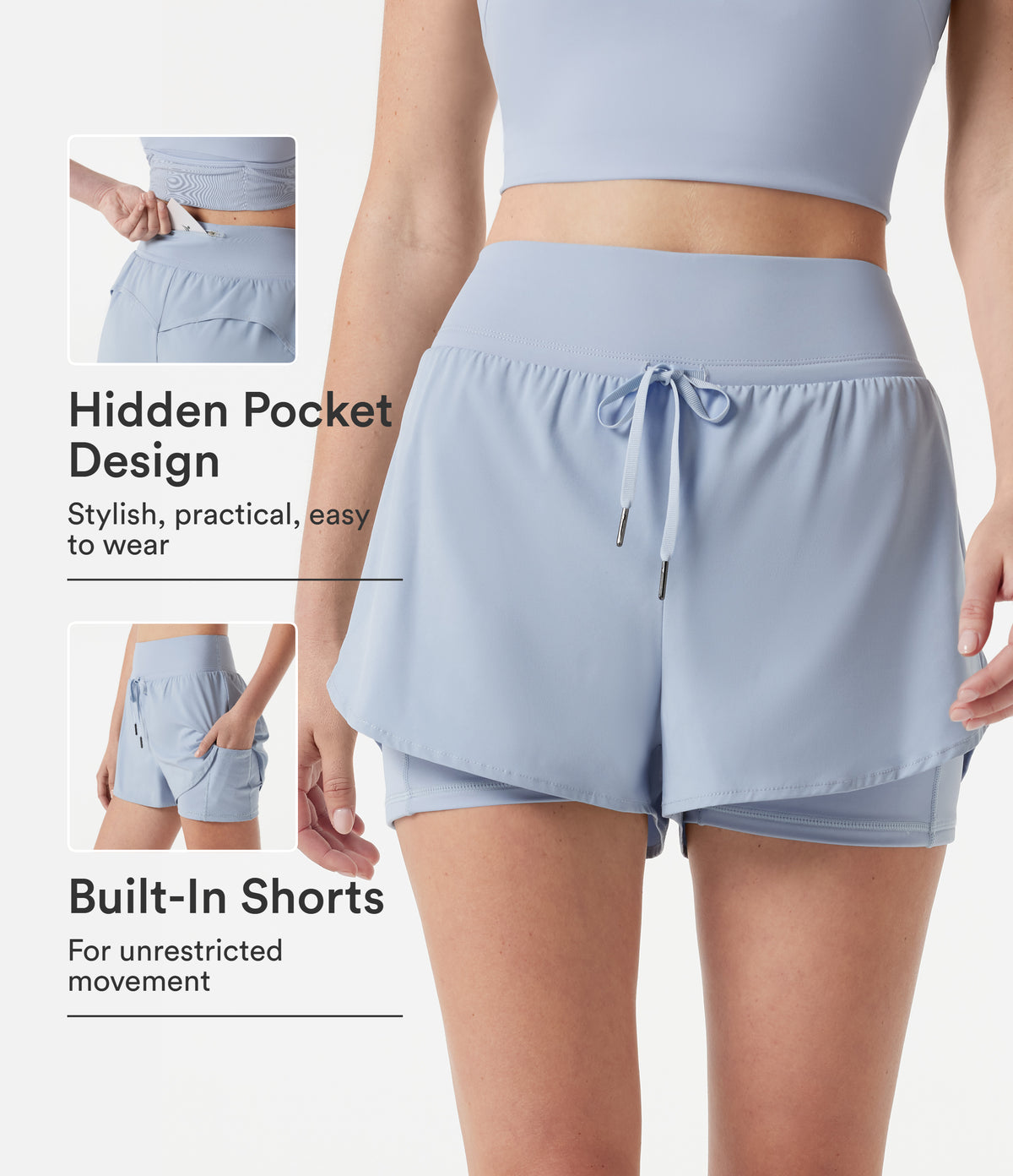 Breezeful™ High-waisted Drawstring 2-in-1 Quick Dry Workout Shorts with Pockets