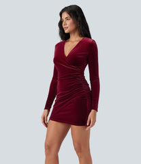 Deep V Neck Long Sleeve Ruched Velvet Mini Bodycon Dresses