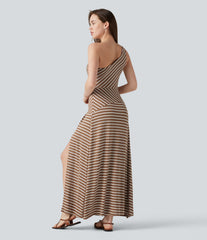 Ribbed Knit One Shoulder Sleeveless Stripe Maxi Casual Dress with Pocket