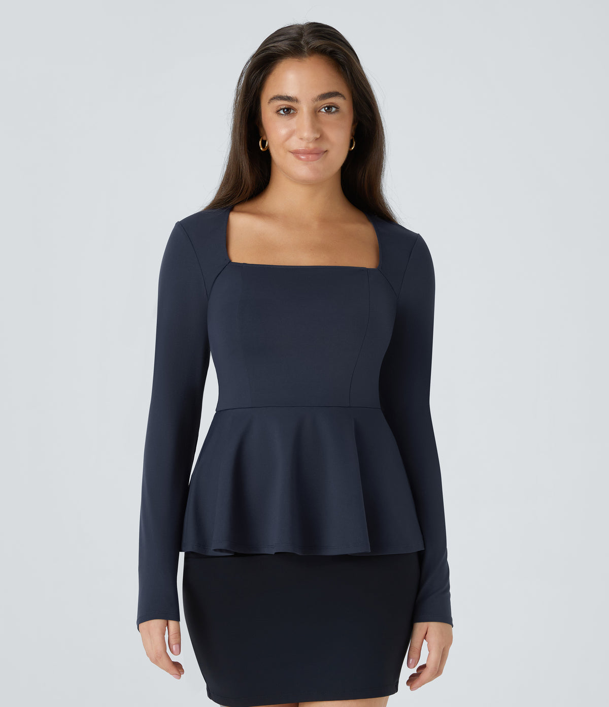 Square Neck Long Sleeve Ruffle Hem Work Top