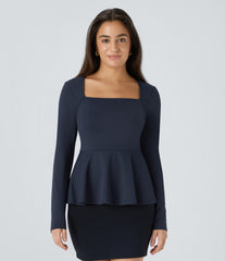 Square Neck Long Sleeve Ruffle Hem Work Top