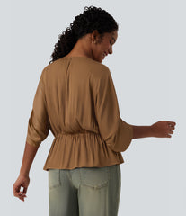 V neck Drawstring Batwing Sleeve Casual Blouse