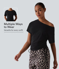 One Shoulder Short Sleeve Drawstring Casual Wool-Blend T-Shirt
