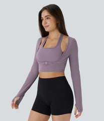 SoftlyZero™ Plush Halter Thumb Hole Long Sleeve Cropped 2-in-1 Yoga Sports Top