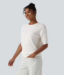 Round Neck Short Sleeve Waffle Casual Sweater