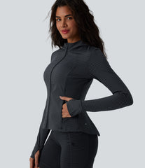 Hooded Long Sleeve Thumb Hole Stripe Yoga Jacket with Pockets