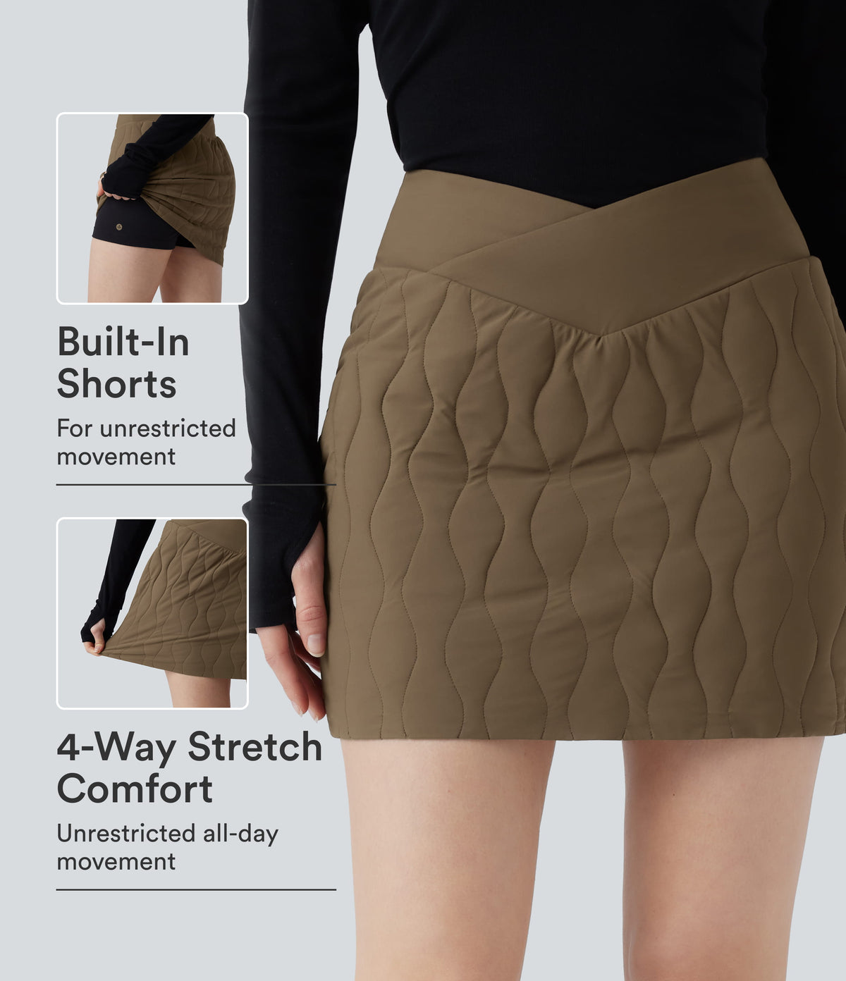 PuffFlex Crossover High Waisted 2-in-1 Bodycon Mini Stretchy Casual Quilted Skirt