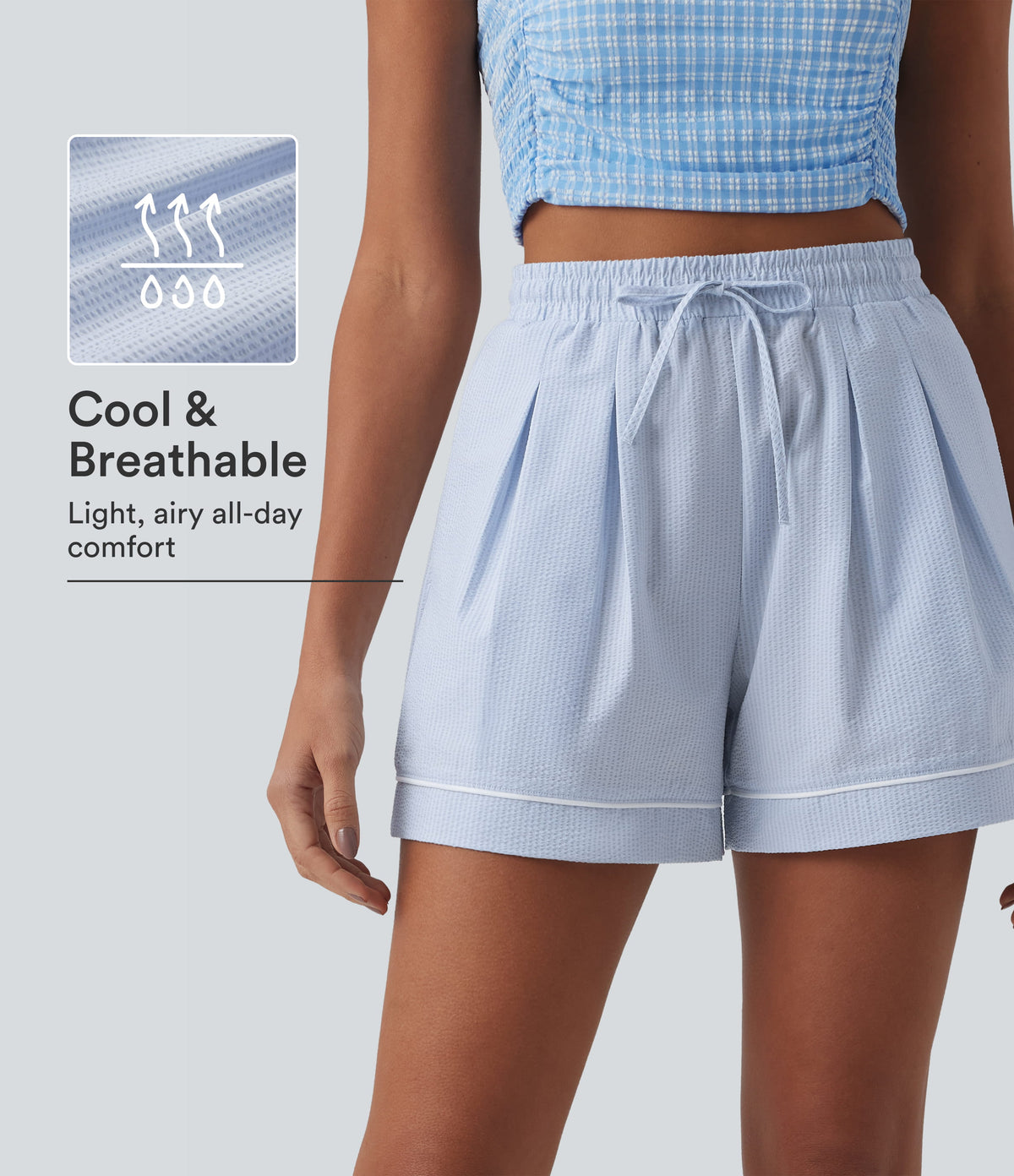 High Waisted Drawstring Pleated Quick Dry Crinkle Resort Baggy Shorts with Pockets