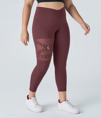 DayStretch High Waisted Crossover Contrast Mesh Decorative Buckle Yoga Plus Size Leggings