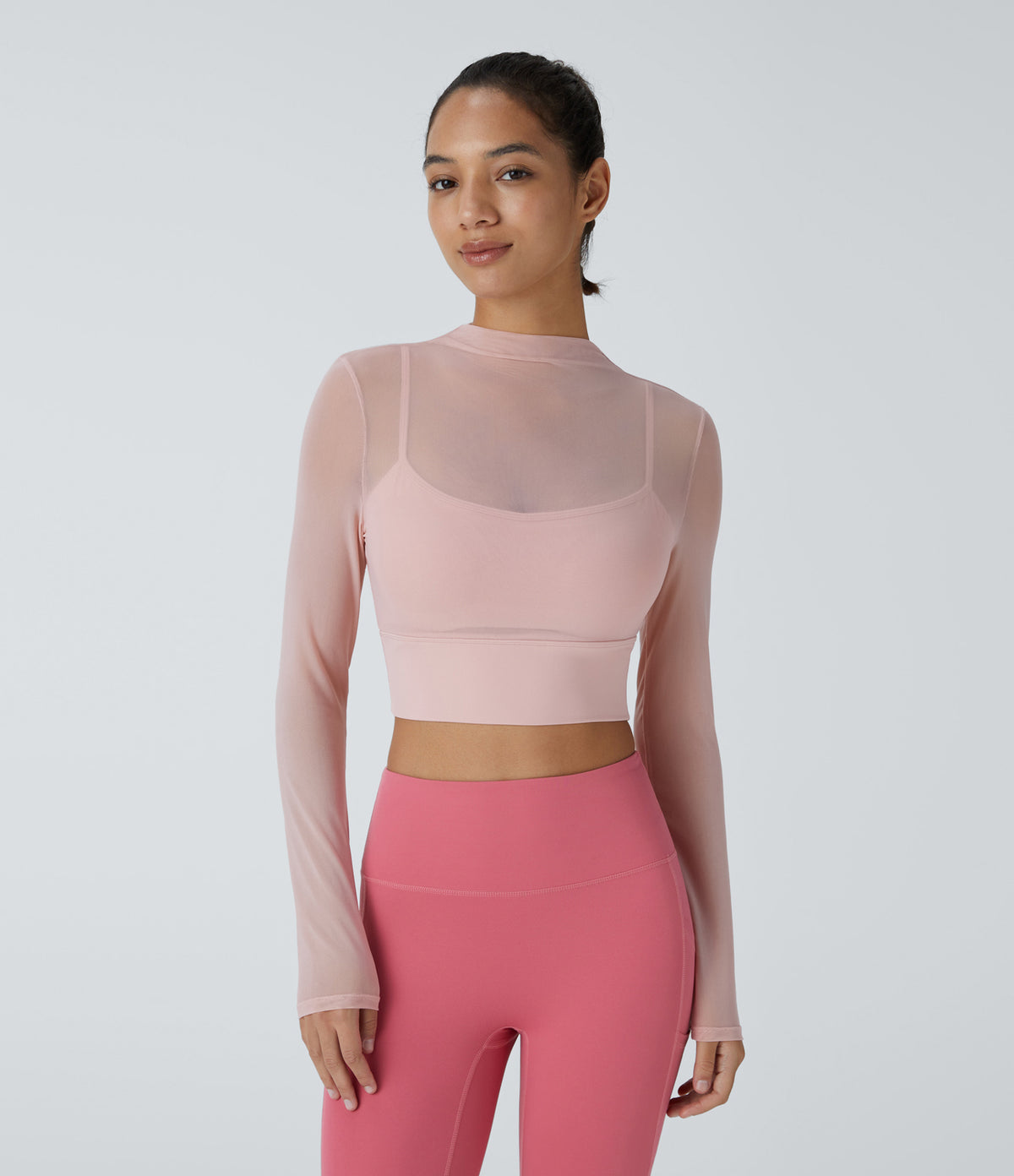 Contrast Mesh Long Sleeve 2-in-1 Cropped Yoga Sports Top