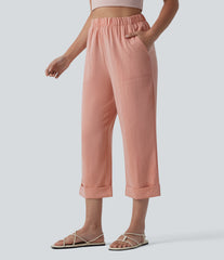 High Waisted Straight Leg Cropped Casual Linen-Feel Pants with Pockets