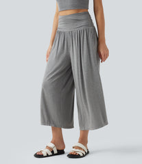 High Waisted Ruched Wide Leg Cropped Casual Pants with Pockets