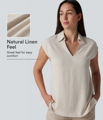 V-neck Sleeveless Split Hem Work Linen-Blend Blouse