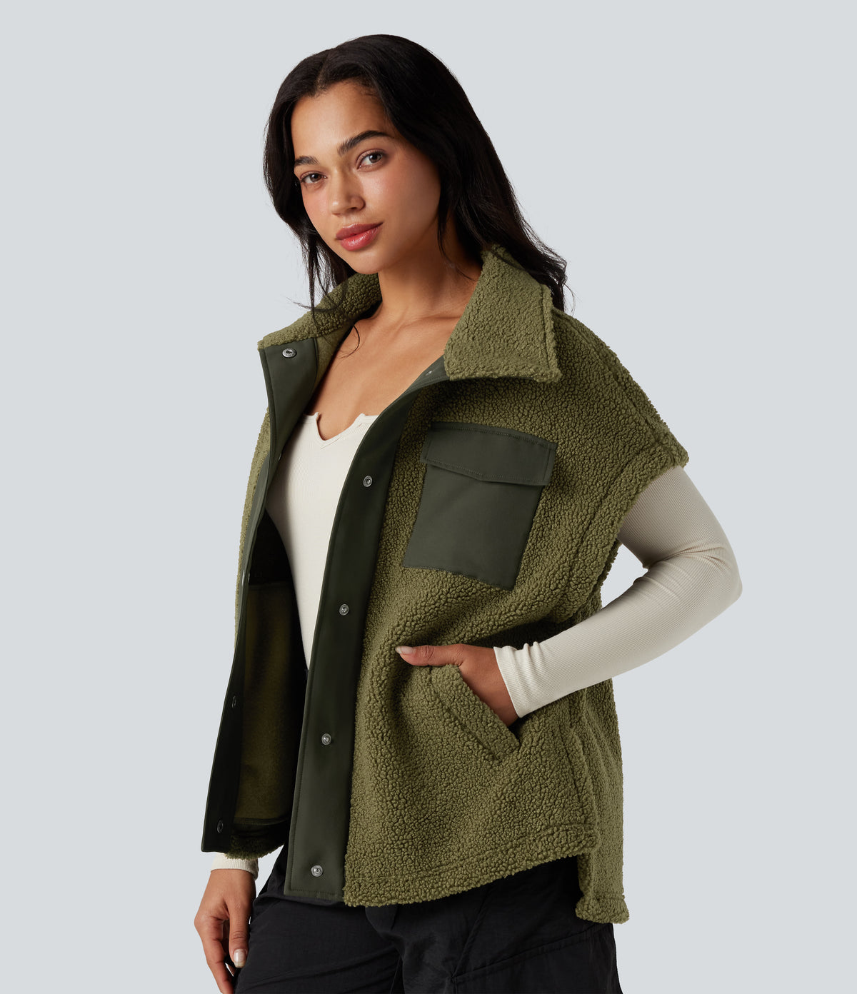 Stand Collar Cap Sleeve Color Block Hiking Sherpa Vest with Pockets