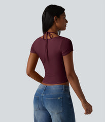 Ribbed Halter Tie Back Built-in Bra Short Sleeve Cropped Casual T-Shirt
