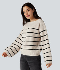 Boat Neck Long Sleeve Stripes Work Sweater