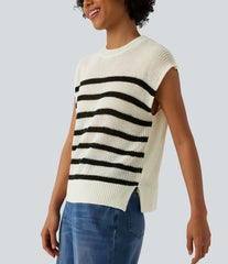 Round Neck Split Color Block Stripes Casual Sweater Vest