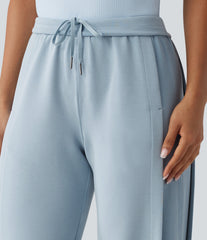 SpacerTek™ High Waisted Inner Drawstring Contrast Ribbed Split Casual Wide Leg Pants with Pockets