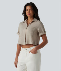 Roll Up Short Sleeve Cropped Casual Linen-Blend Shirt with Pockets