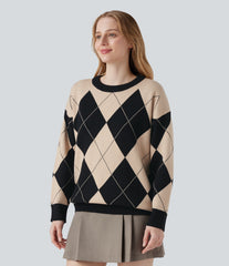 Round Neck Long Sleeve Diamond Check Work Sweater