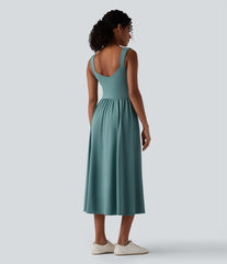 Sleeveless Backless Crossover Flowy Midi Casual Dress with Pockets