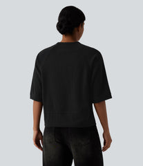 Ribbed Round Neck 3/4 Sleeve Casual Sweatshirt