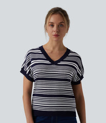 V Neck Short Sleeve Stripe Casual T-Shirt