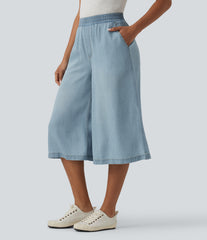 High Waisted Wide Leg Capri Casual Jeans with Pockets