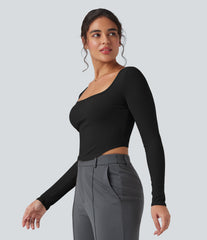 Ribbed Knit Square Neck Long Sleeve Curved Hem Work T-Shirt