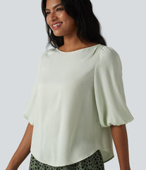 Puff Sleeve Curved Hem Texture Casual Blouse
