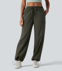 Mid Rise Drawstring Straight Leg Casual Cargo Pants with Pockets