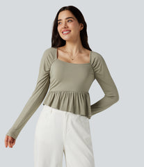 Square Neck Long Sleeve Ruffle Hem Casual T-Shirt