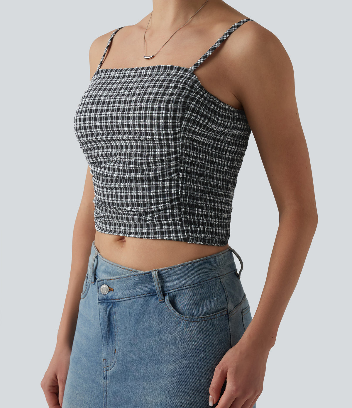 Gingham Ruched Cropped Workout Tank Top