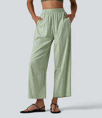High Waisted Straight Leg 7/8 Casual Stretch Linen Pants with Pockets