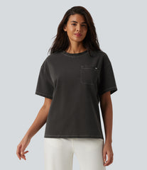 Halara Flex™ Round Neck Short Sleeve Denim Casual T-Shirt with Pocket