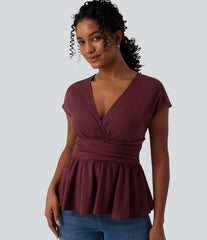V Neck Cap Sleeve Ruffle Hem Casual Linen-Feel Top