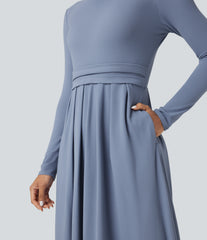 Mock-neck Long Sleeve  A-line Casual Maxi Dress with Pockets