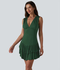 Ribbed V Neck Sleeveless Layered Ruffle Hem Mini Dress