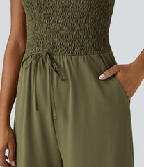 Tube Shirred Knot Pocket Wide Leg Casual Jumpsuit