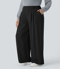 High Waisted Pocket Wide Leg Flowy Casual Linen-Feel Plus Size Pants