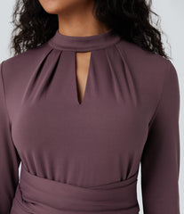 Cut Out Long Sleeve Tie Back Midi Work Dress with Pockets