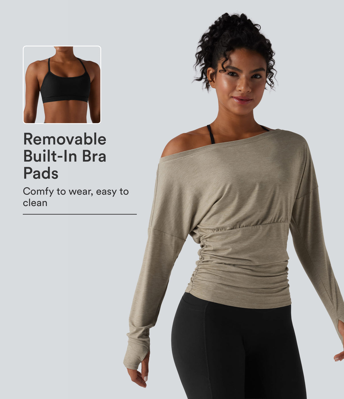 2-Piece One Shoulder Long Sleeve Thumb Hole Ruched Casual Sports Top