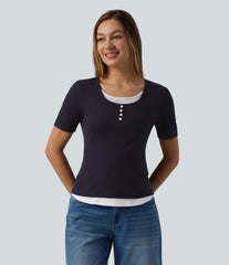 Round Neck Short Sleeve Color Block Casual T-Shirt