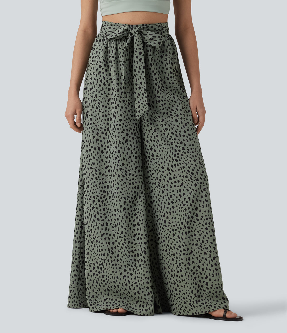 High Waisted Tie Front Wide Leg Baggy Leopard Print Casual Pants with Pockets