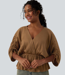 V neck Drawstring Batwing Sleeve Casual Blouse
