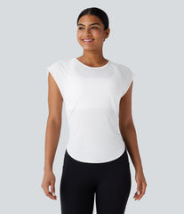 Round Neck Cap Sleeve Tie Back Curved Hem Yoga Sports Top